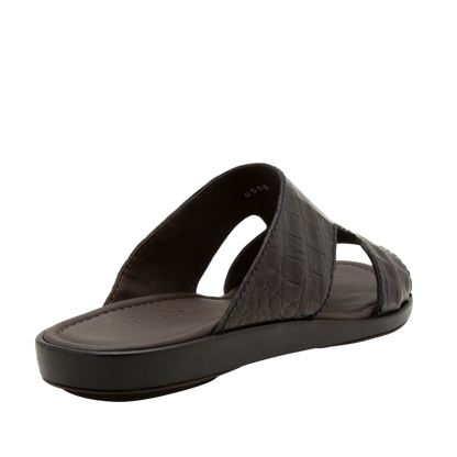 Black leather prestige croco sandals with textured croco pattern and cushioned sole