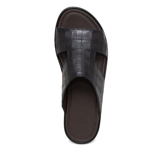 Top view of black prestige croco sandals with textured croc pattern and cushioned sole