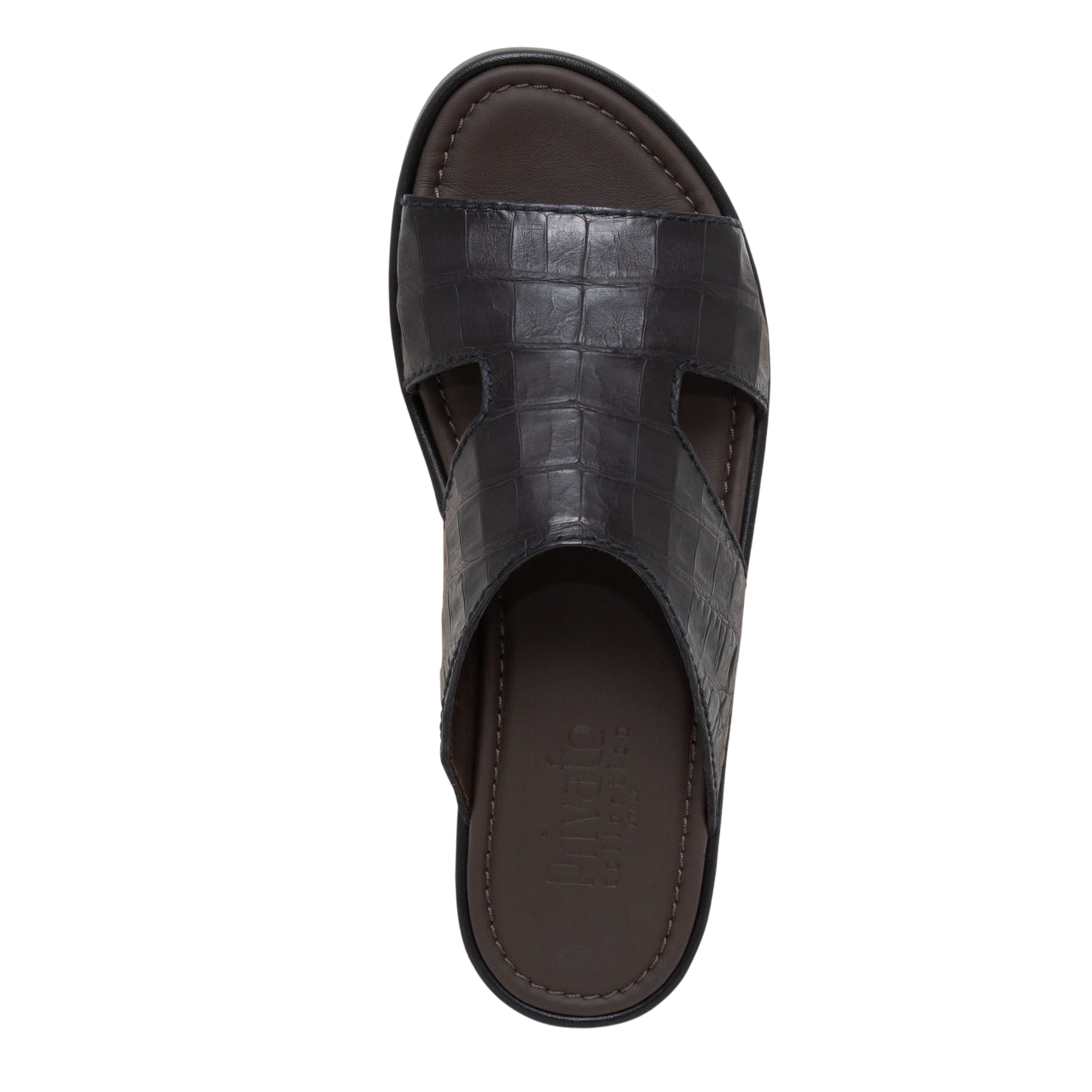 Top view of black prestige croco sandals with textured croc pattern and cushioned sole