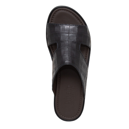 Top view of black prestige croco sandals with textured croc pattern and cushioned sole