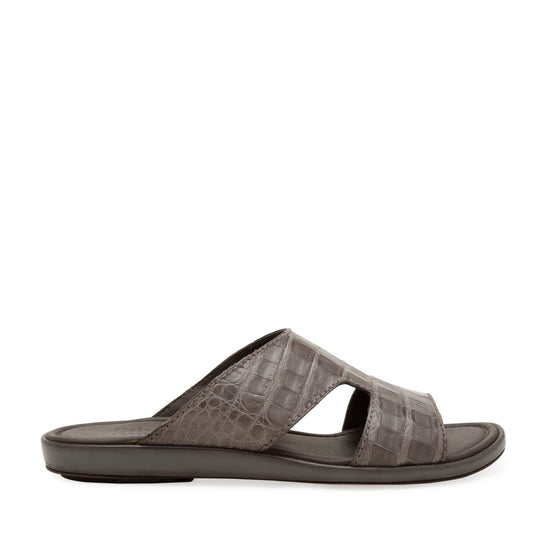 Brown prestige croco sandals with crocodile texture and open toe slide design for casual wear