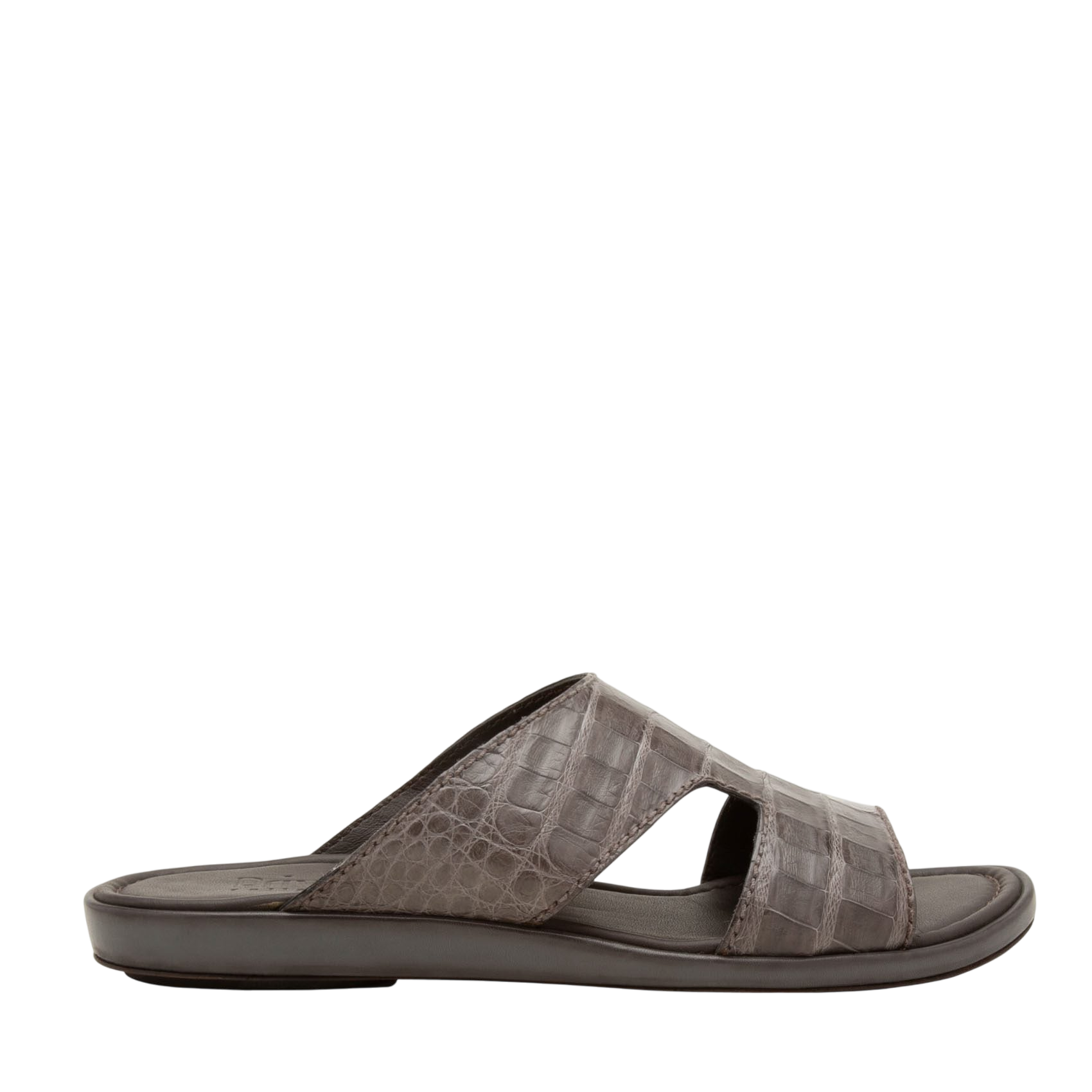 Brown prestige croco sandals with crocodile texture and open toe slide design for casual wear