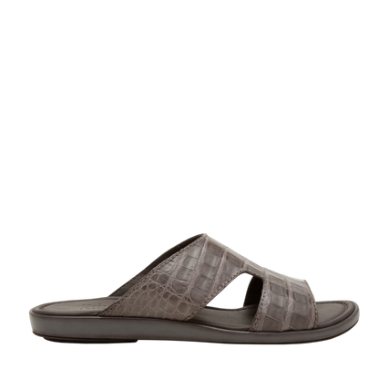 Brown prestige croco sandals with crocodile texture and open toe slide design for casual wear