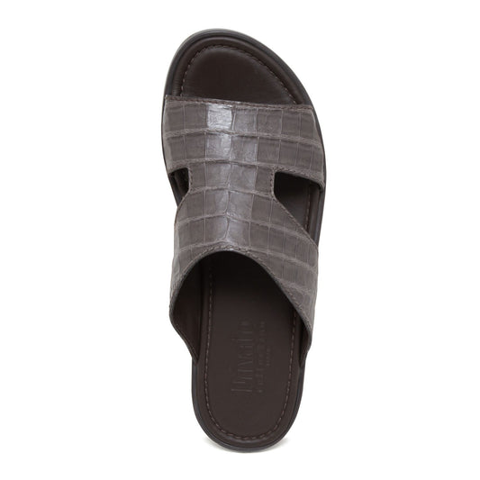 Gray prestige croco sandals with textured crocodile pattern and cushioned footbed for comfort