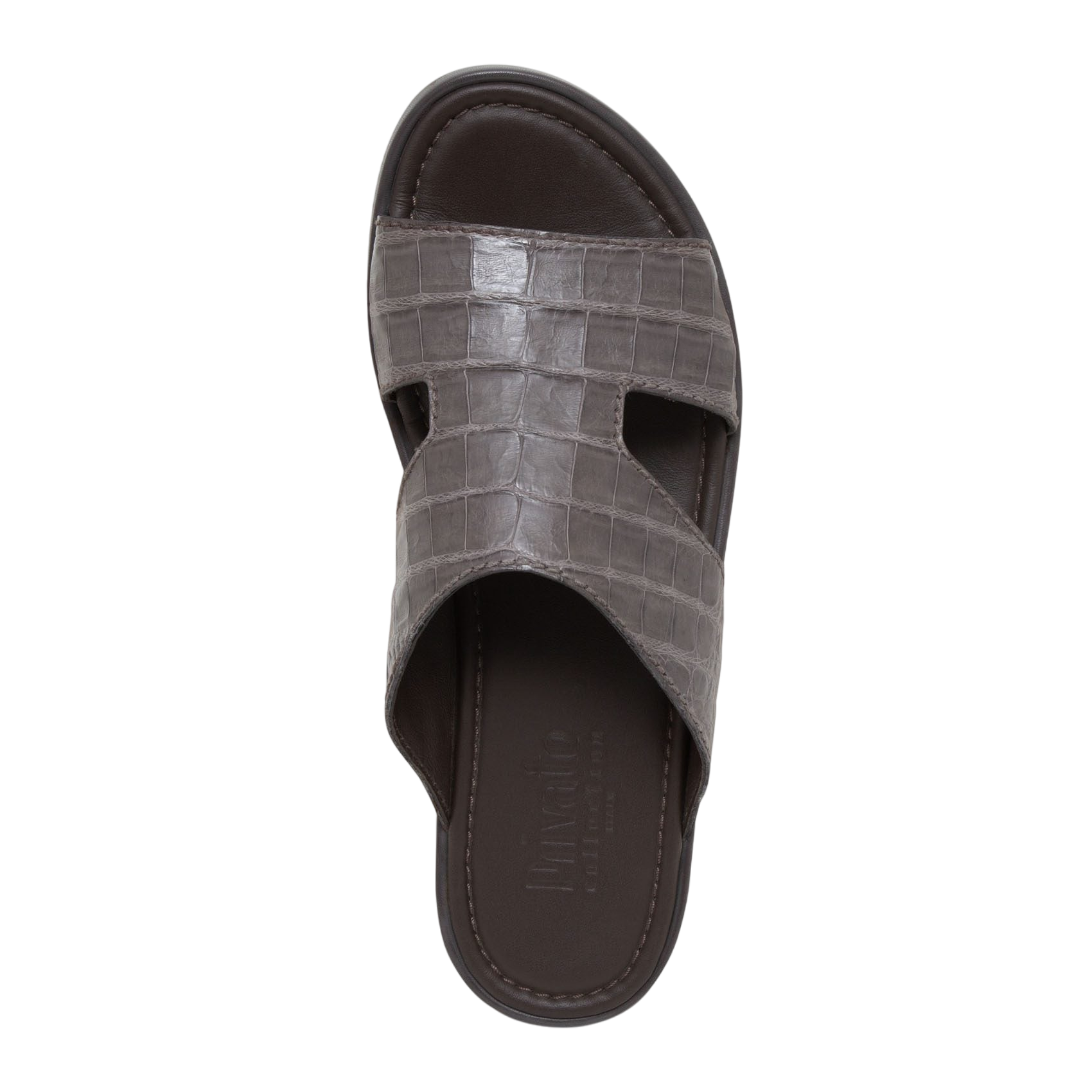 Gray prestige croco sandals with textured crocodile pattern and cushioned footbed for comfort