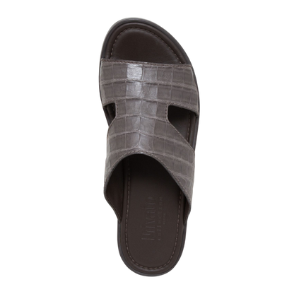 Gray prestige croco sandals with textured crocodile pattern and cushioned footbed for comfort