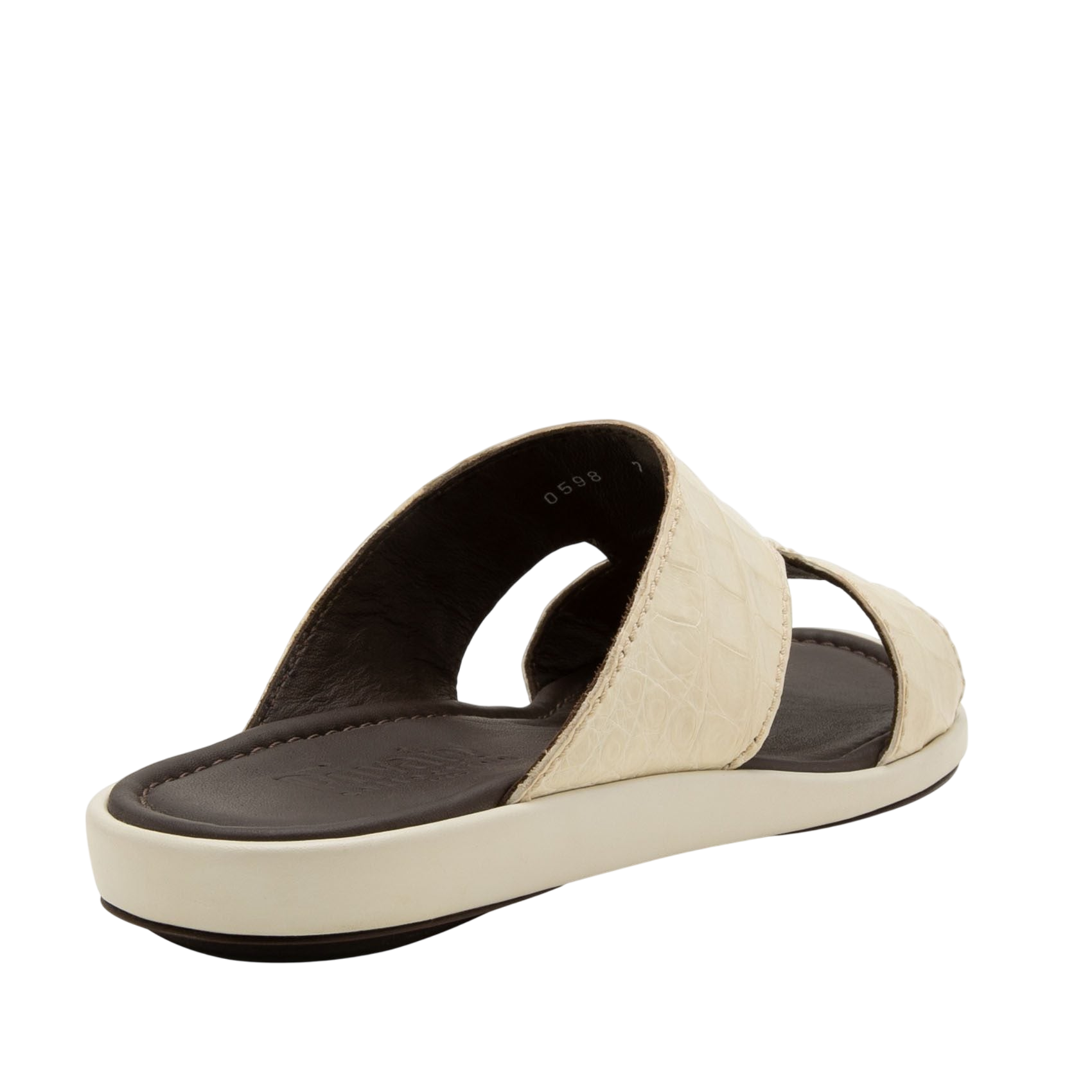 Beige prestige croco sandals with textured straps and black cushioned footbed for comfort