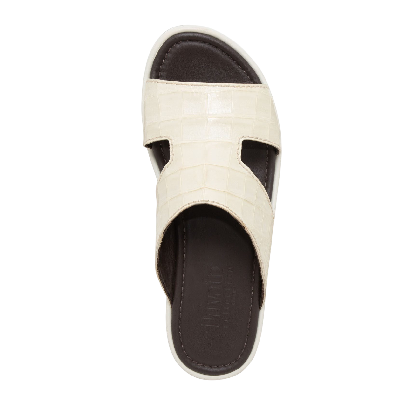 Top view of beige prestige croco sandals with textured straps and cushioned dark brown footbed