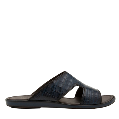 Black prestige croco sandals with textured crocodile pattern and open toe slip-on design