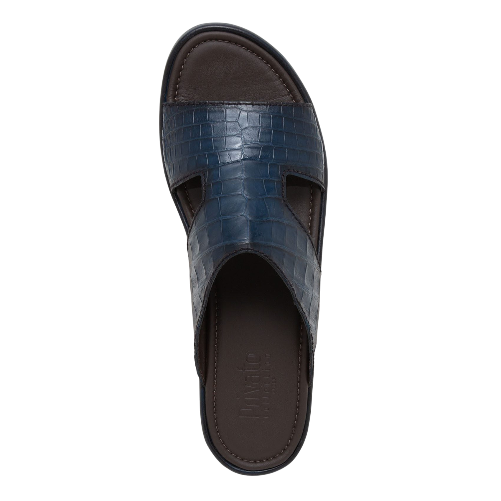Top view of blue prestige croco sandals with textured croc pattern and cushioned footbed