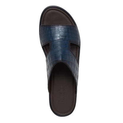 Top view of blue prestige croco sandals with textured croc pattern and cushioned footbed