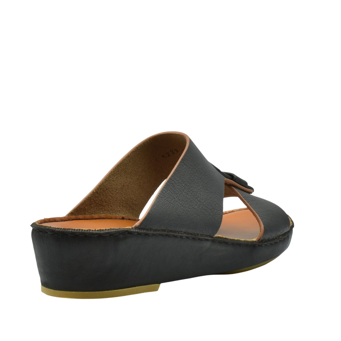 Black open-toe sandal from private collection featuring granulato leather footwear with a cushioned sole