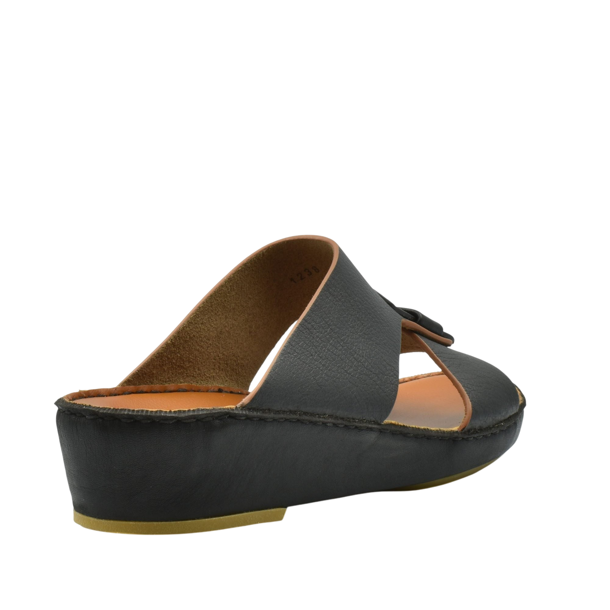Black open-toe sandal from private collection featuring granulato leather footwear with a cushioned sole