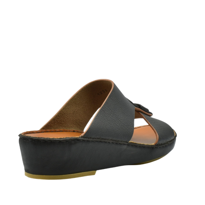 Black open-toe sandal from private collection featuring granulato leather footwear with a cushioned sole