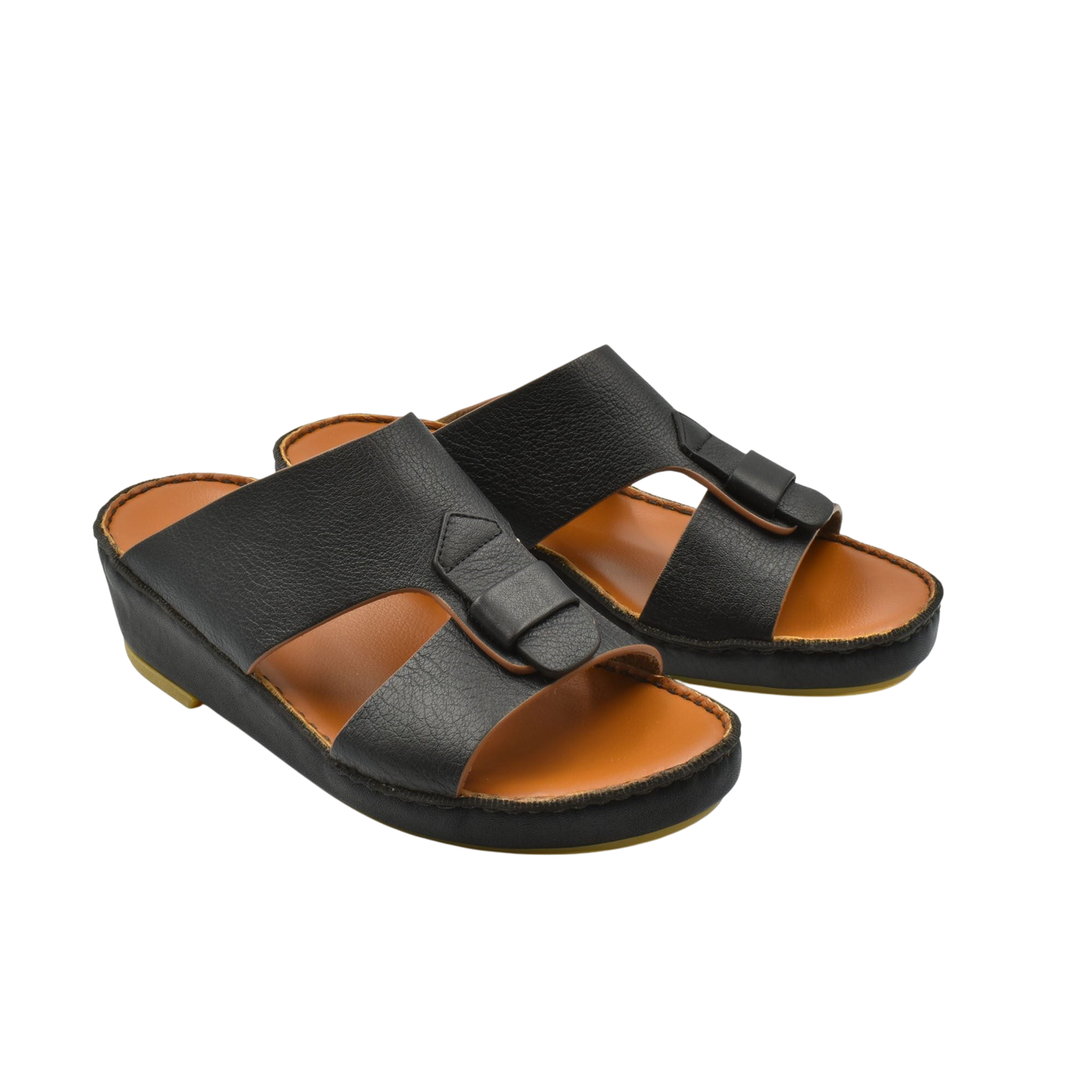 Black granulato leather footwear slip-on sandals with cushioned tan insole and adjustable strap