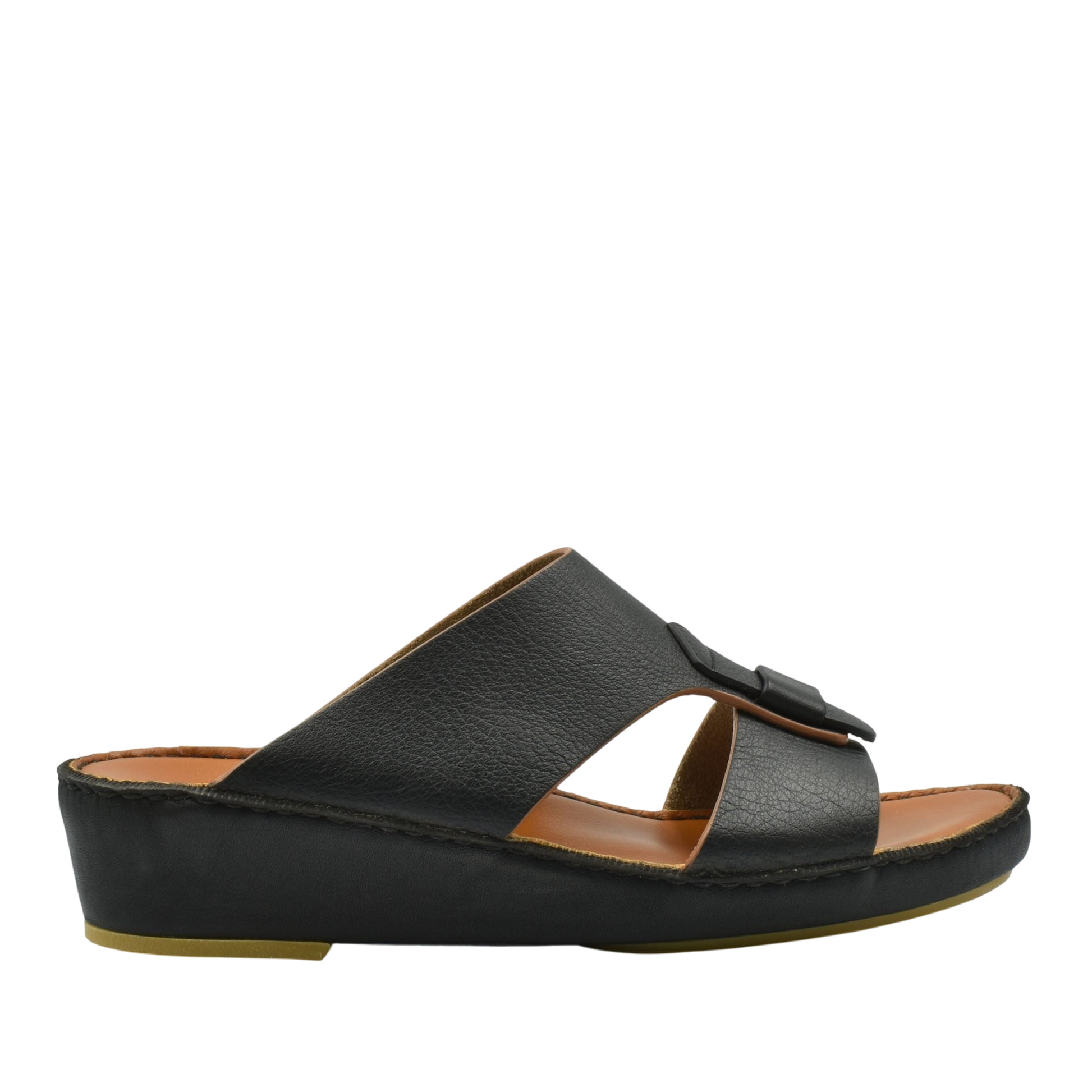 Black granulato leather footwear slide sandal with cushioned sole and adjustable strap