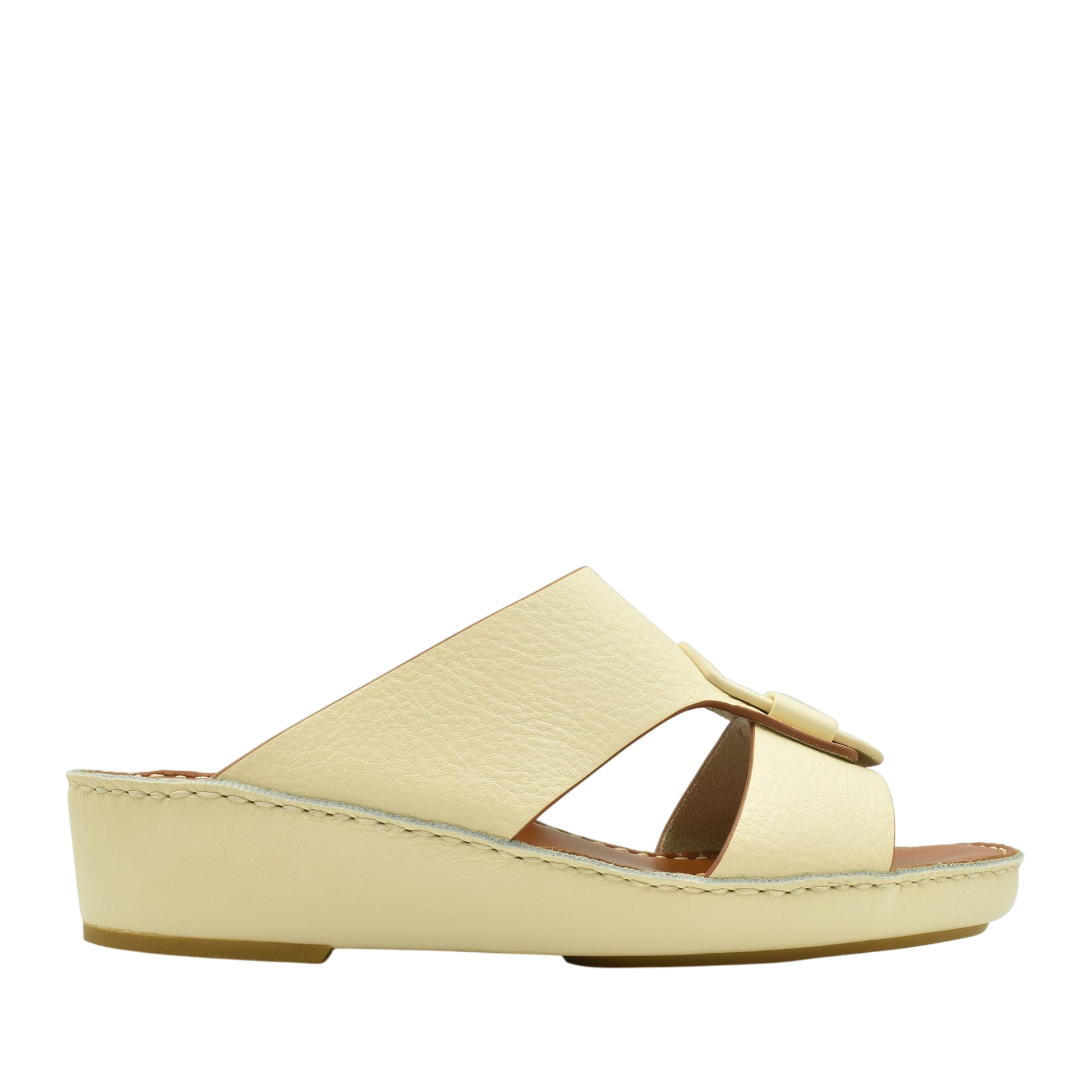 Cream granulato leather footwear slide sandal with low wedge heel from Private collection