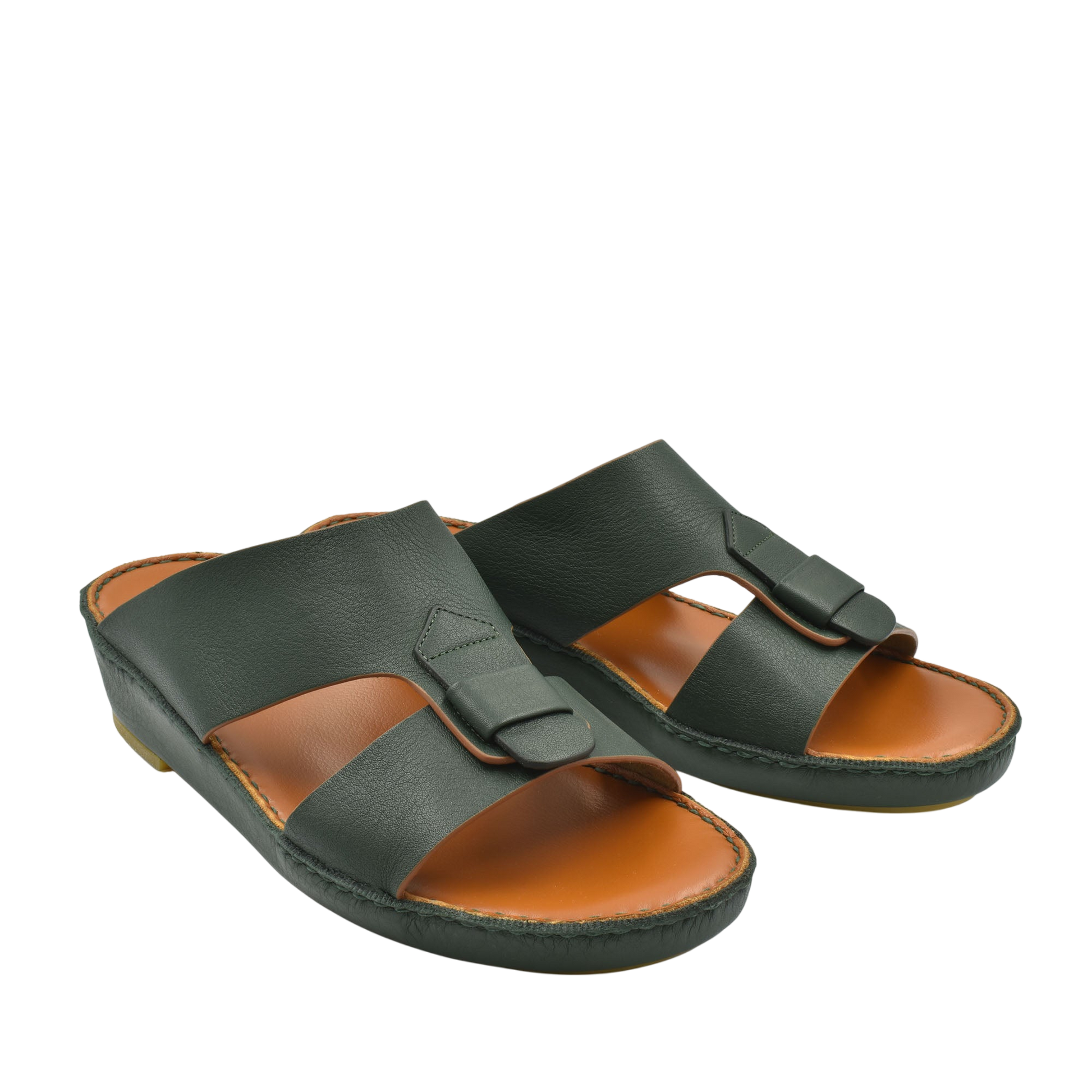 Black granulato leather footwear slide sandals with adjustable buckle straps and tan cushioned footbed