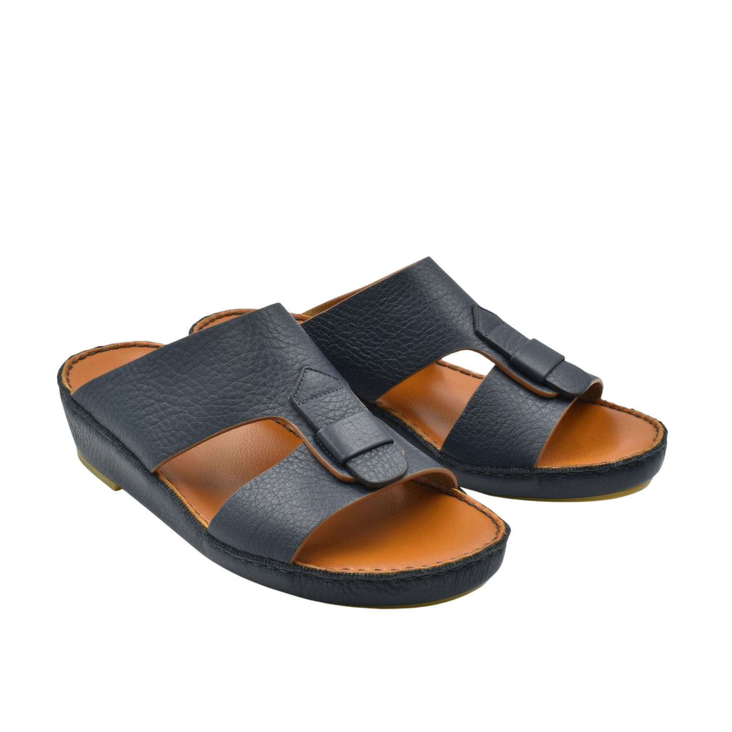 Black granulato leather footwear slide sandals with adjustable straps and tan cushioned insoles