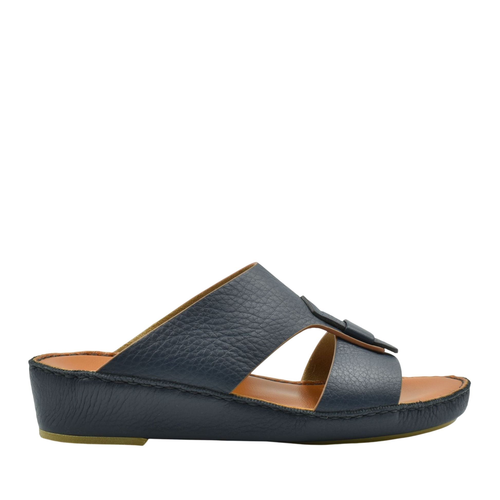 Black granulato leather footwear slide sandal with open toe and adjustable strap in side view