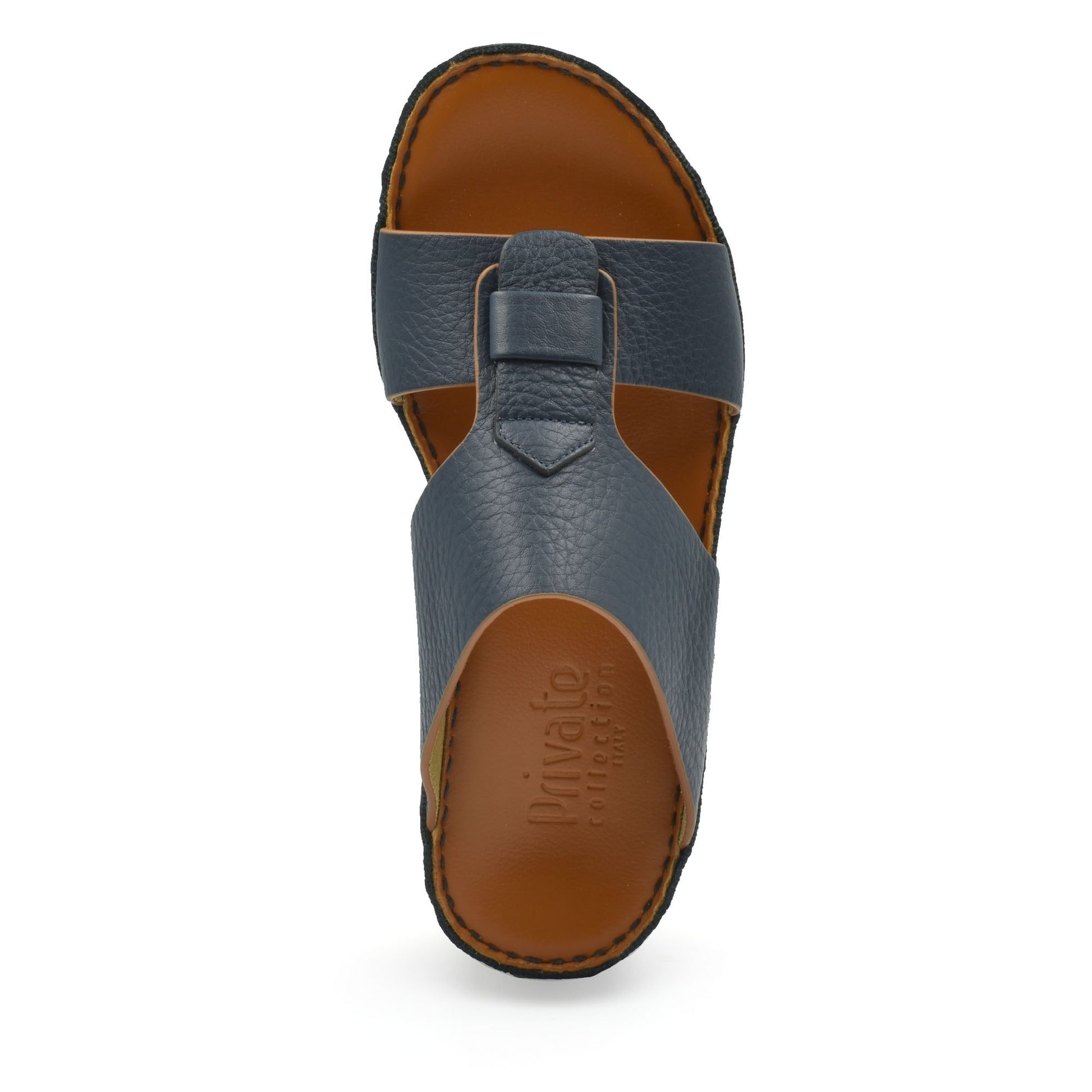 Top view of blue granulato leather footwear slide sandal with brown footbed from Private collection