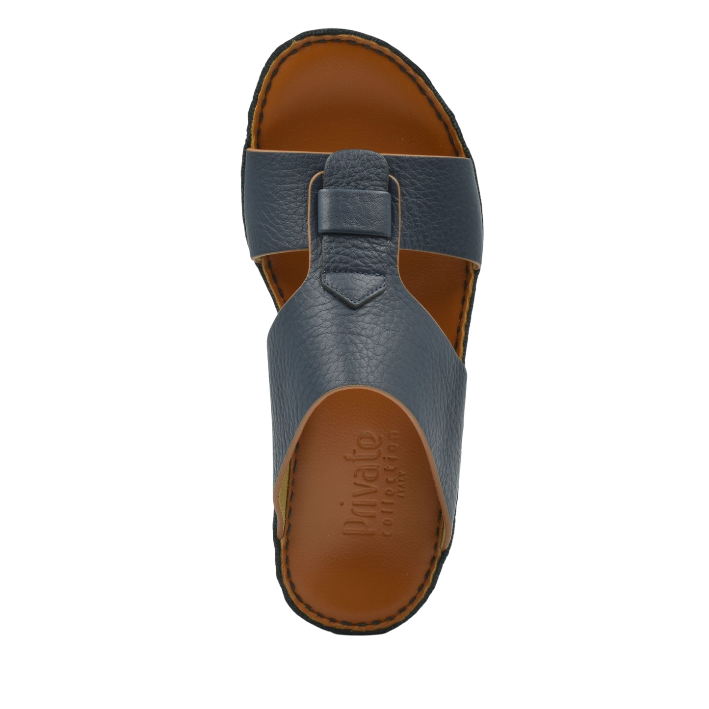 Top view of blue granulato leather footwear slide sandal with brown footbed from Private collection