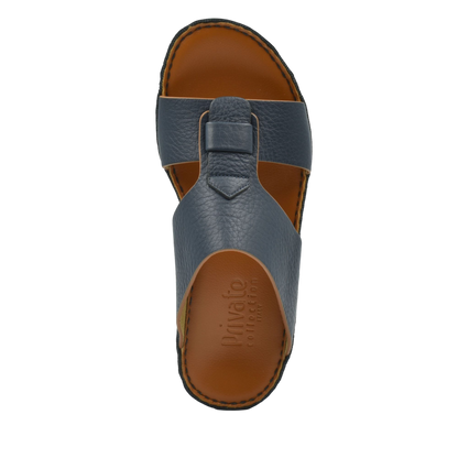 Top view of blue granulato leather footwear slide sandal with brown footbed from Private collection