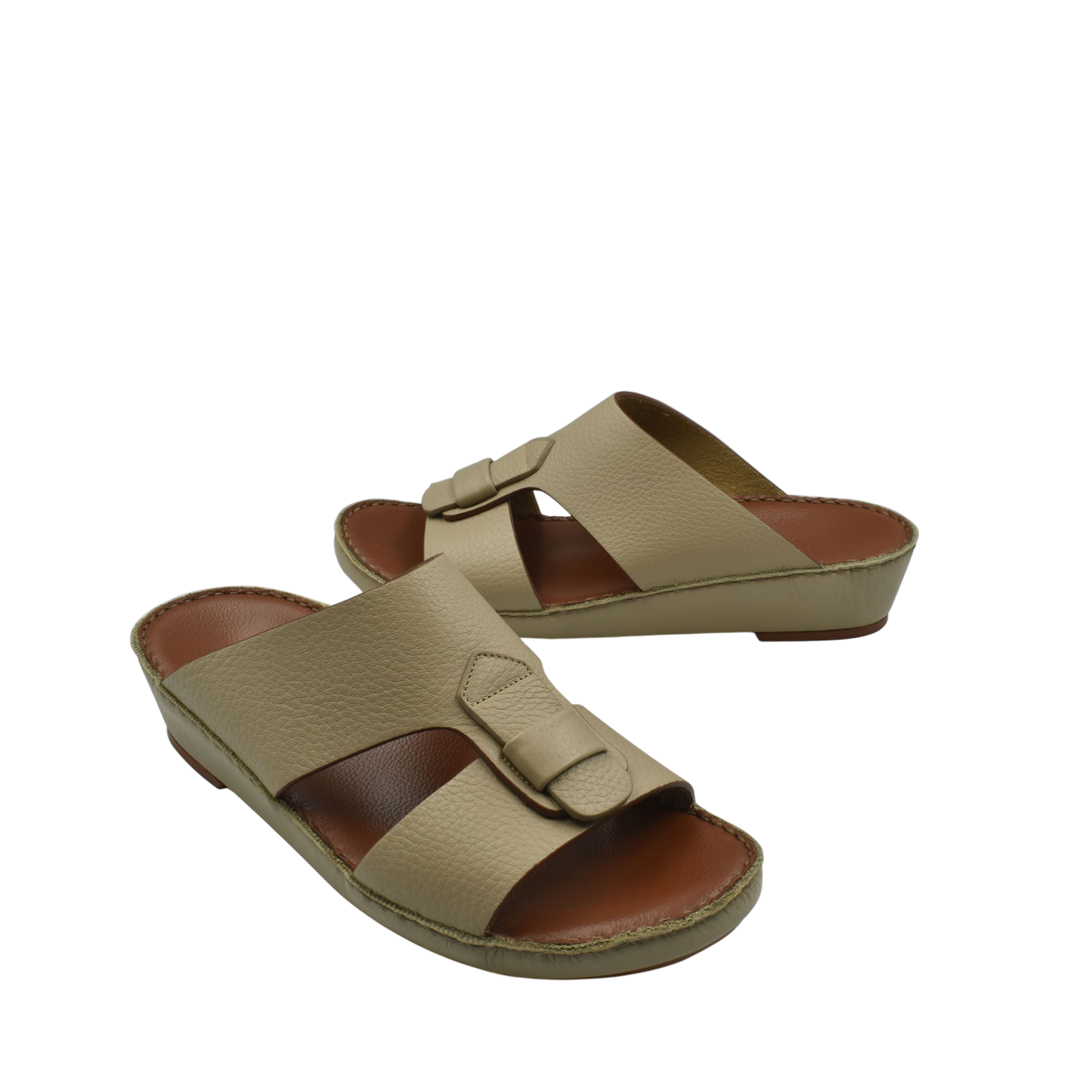 Beige granulato leather footwear slide sandals with adjustable buckle straps and brown insoles