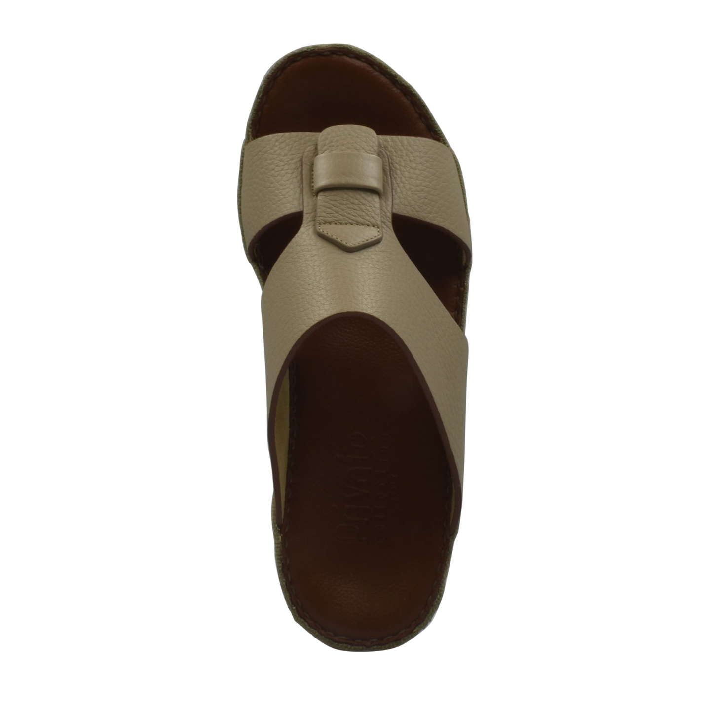 Top view of beige granulato leather footwear slide sandal with brown sole from private collection