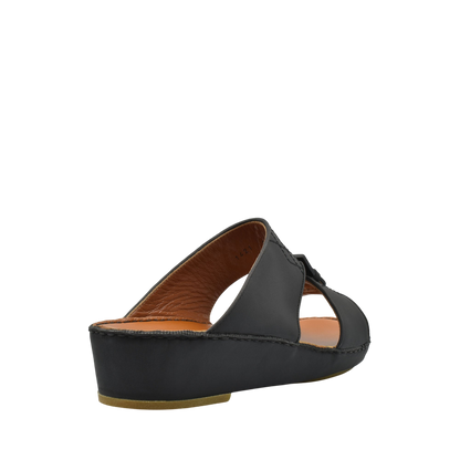 Black Italian Leather Sandals with low wedge heel and open toe design from Private Collection