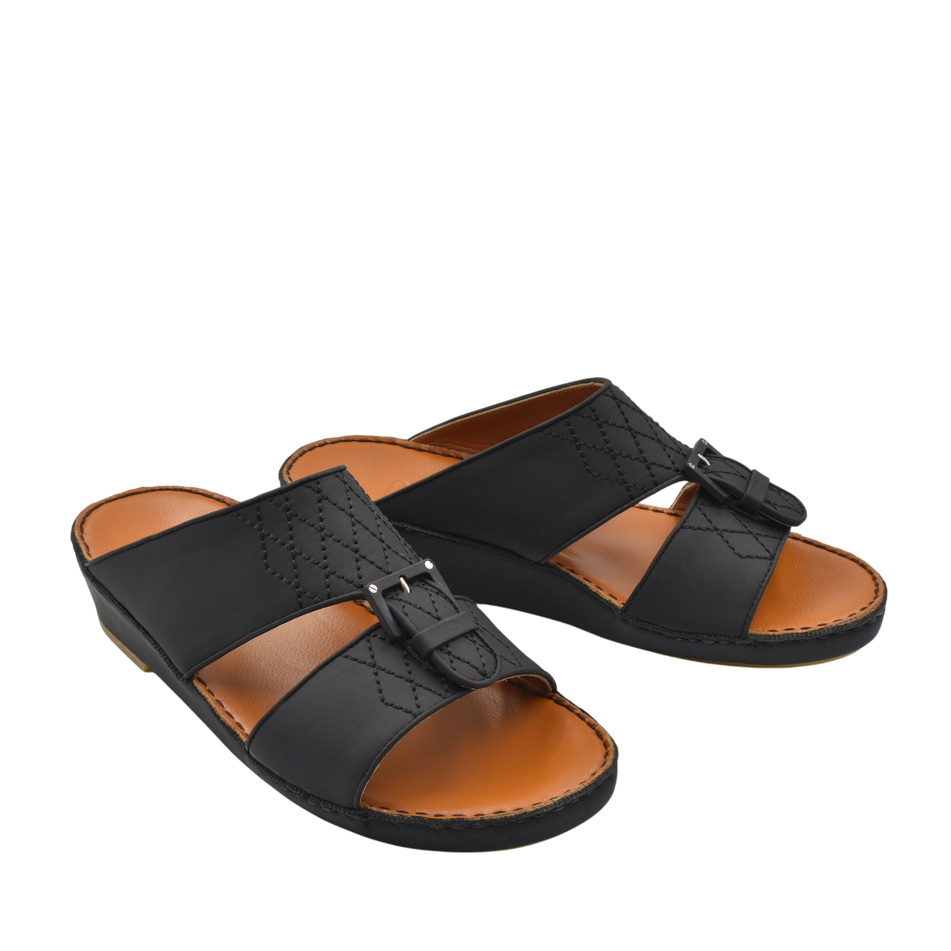 Black Italian Leather Sandals with Buckle Detail and Comfortable Brown Insole from Private Collection
