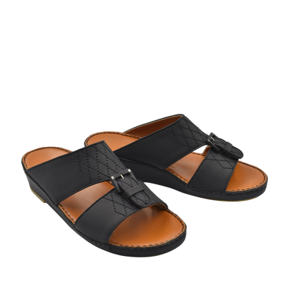 Black Italian Leather Sandals with Buckle Detail and Comfortable Brown Insole from Private Collection