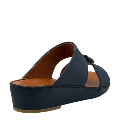 Navy blue Italian Leather Sandals with cushioned tan footbed and wedge sole in side view