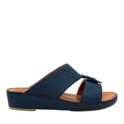 Blue slip-on Italian Leather Sandals with wedge sole and decorative buckle detail