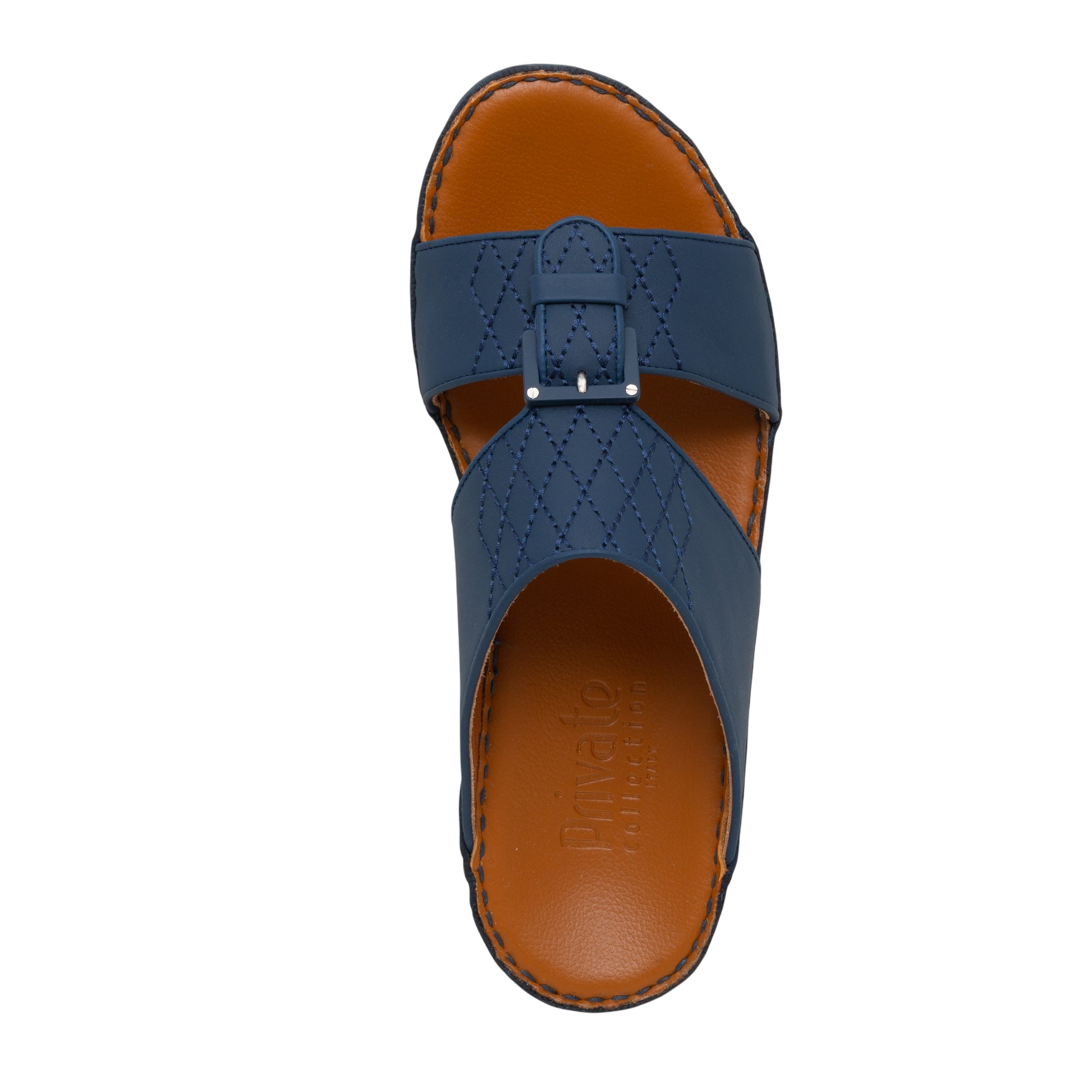 Blue Italian Leather Sandals with stitched design and brown cushioned footbed from Private Collection