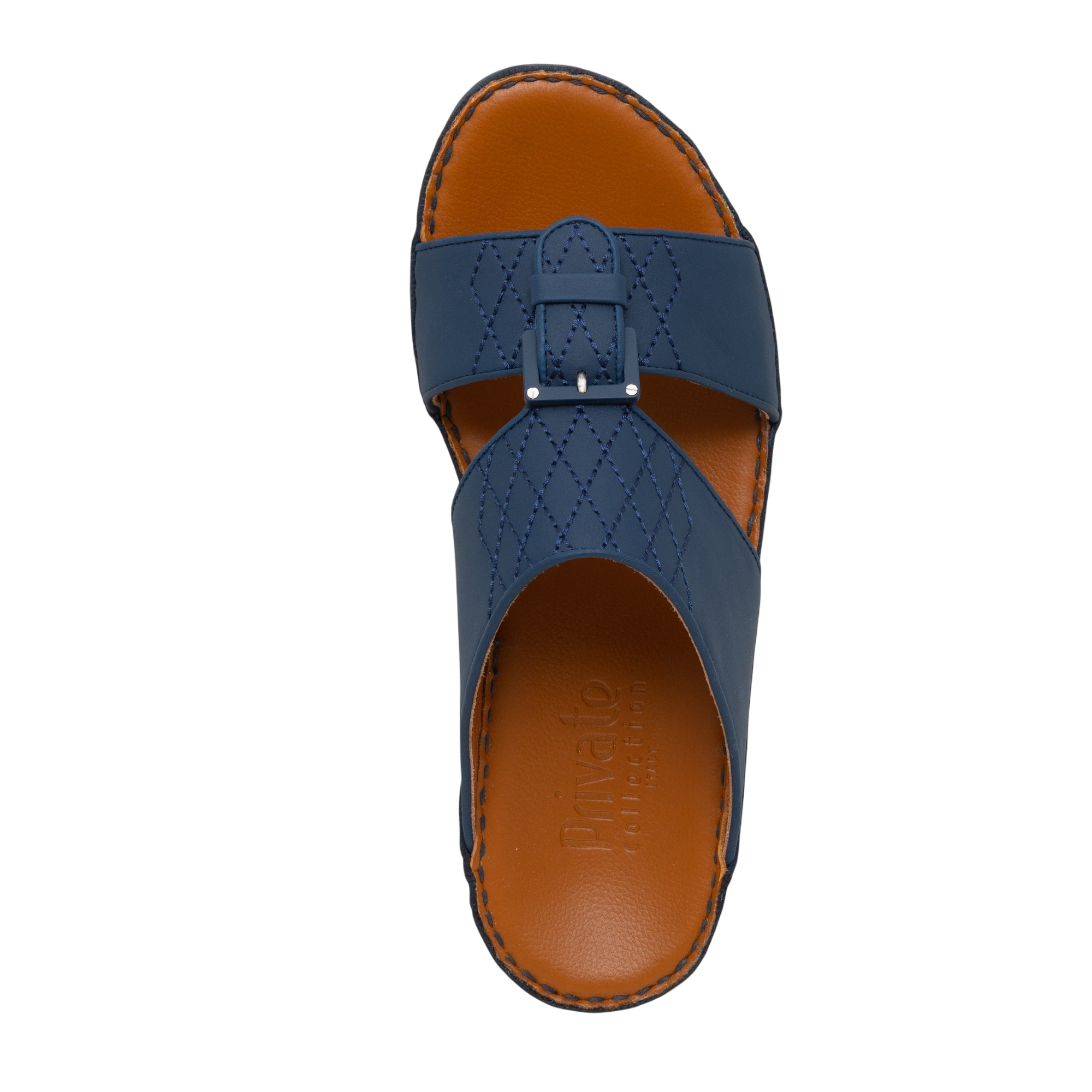 Blue Italian Leather Sandals with stitched design and brown cushioned footbed from Private Collection