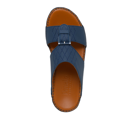 Blue Italian Leather Sandals with stitched design and brown cushioned footbed from Private Collection