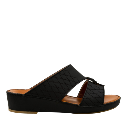 Black quilted luxury calf leather sandals with open toe and low wedge heel