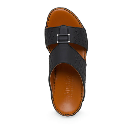 Black luxury calf leather sandals with stitched straps and cushioned brown footbed from Private collection