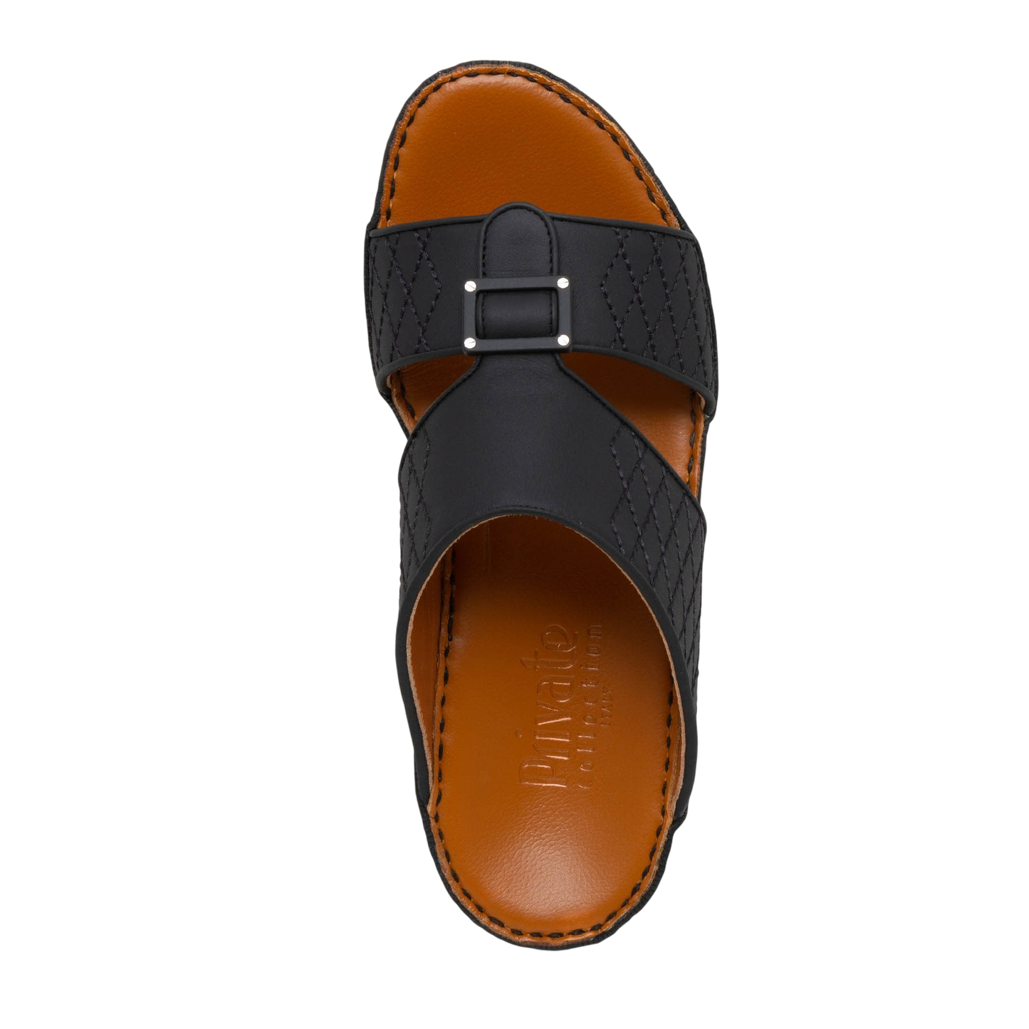 Black luxury calf leather sandals with stitched straps and cushioned brown footbed from Private collection