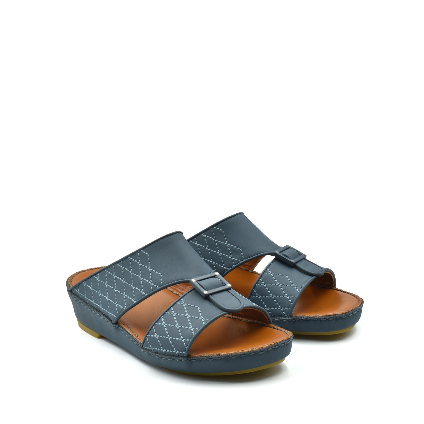 Blue luxury calf leather sandals with diamond stitch pattern and adjustable buckle on white background