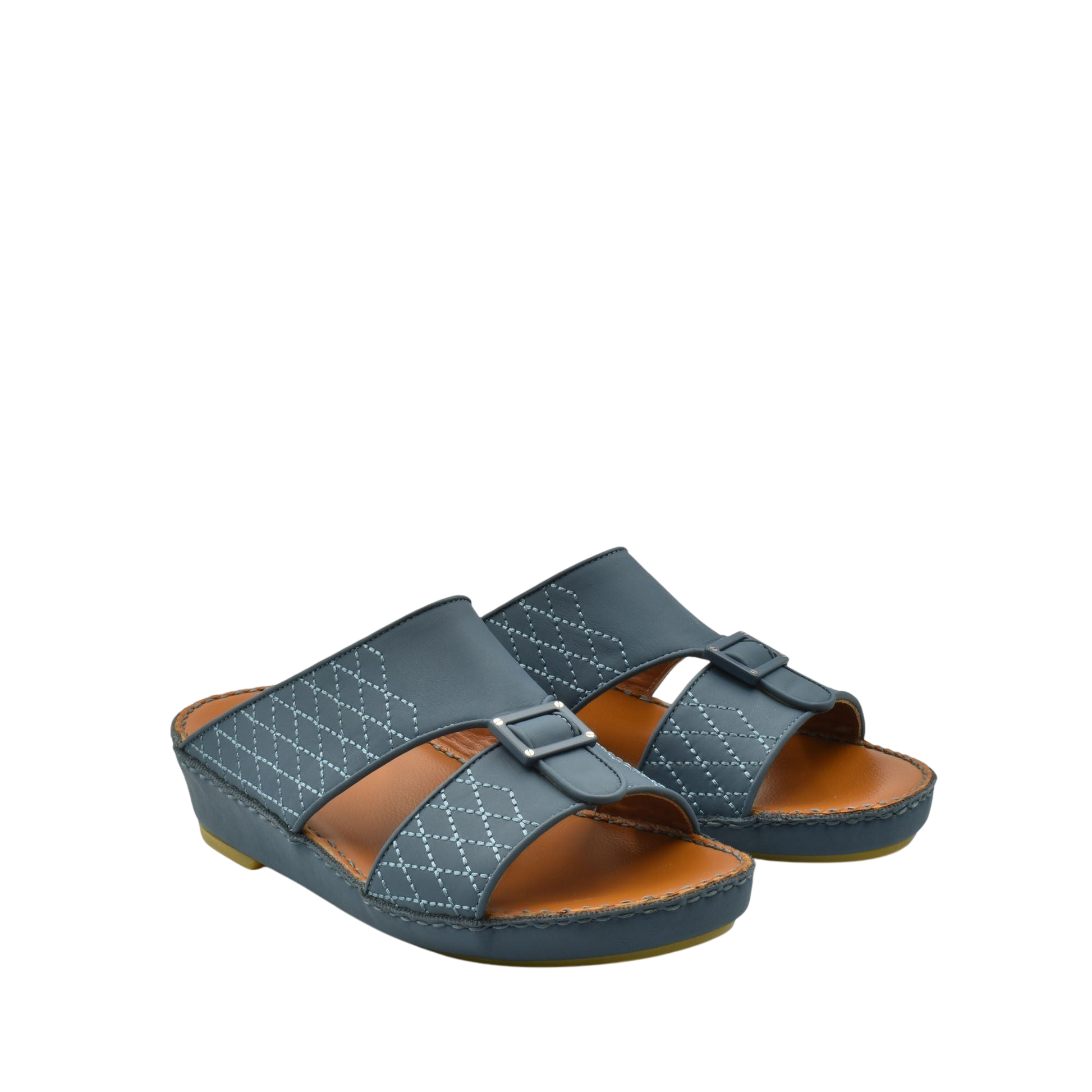 Blue luxury calf leather sandals with diamond stitch pattern and adjustable buckle on white background