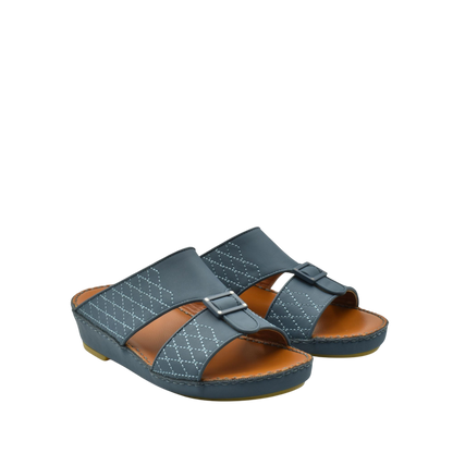 Blue luxury calf leather sandals with diamond stitch pattern and adjustable buckle on white background