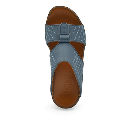 Top view of luxury calf leather sandals in blue with stitched design and brown insole