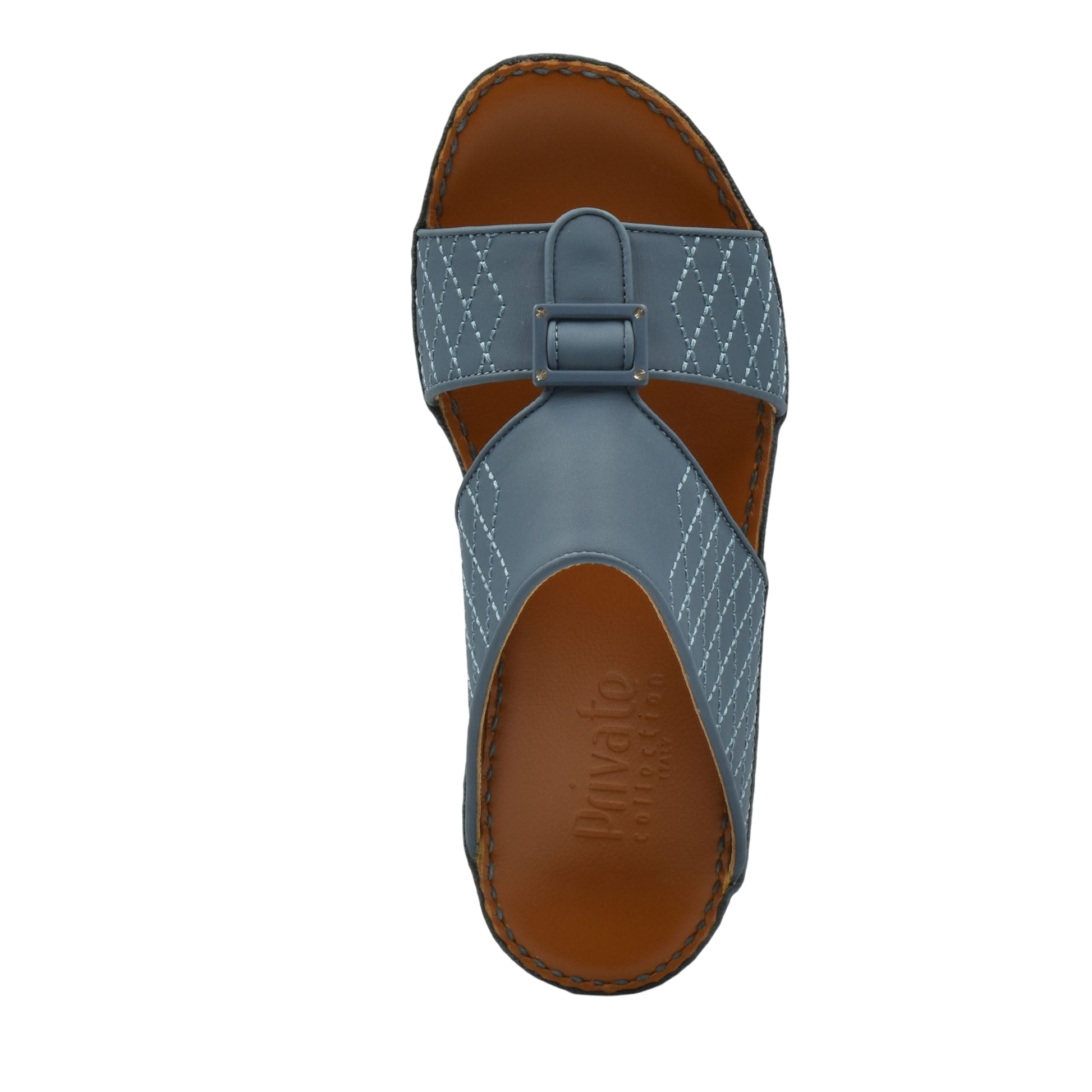 Top view of luxury calf leather sandals in blue with stitched design and brown insole