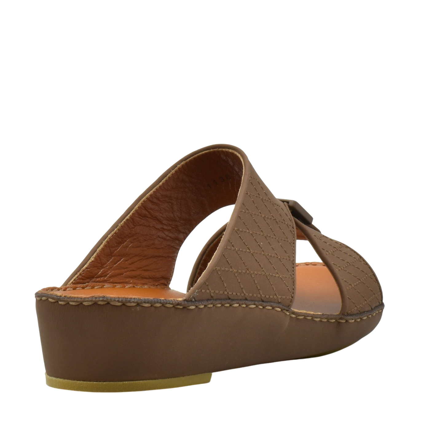 Side view of brown luxury calf leather sandals with cushioned sole and quilted strap design