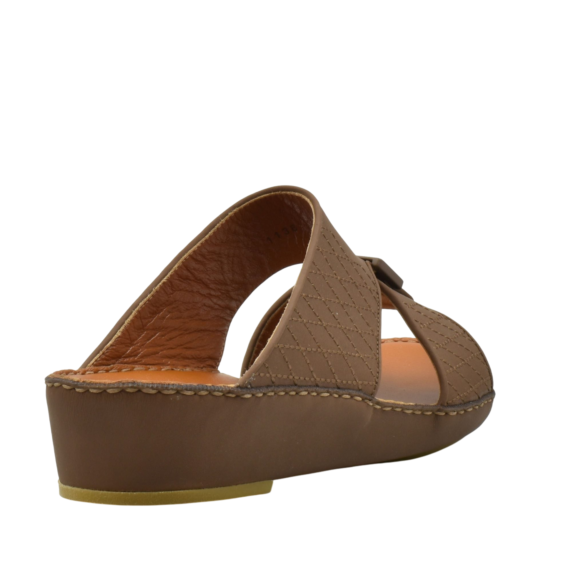 Side view of brown luxury calf leather sandals with cushioned sole and quilted strap design