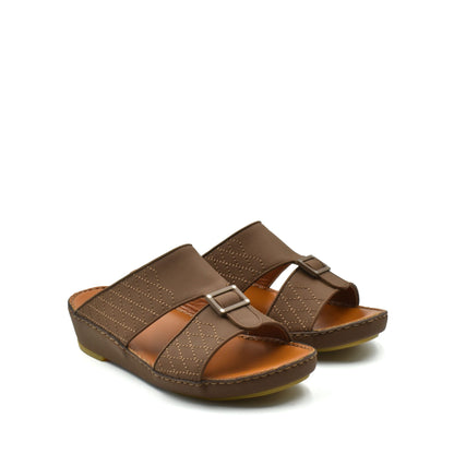 Brown luxury calf leather sandals with stitched detailing and buckle straps from private collection