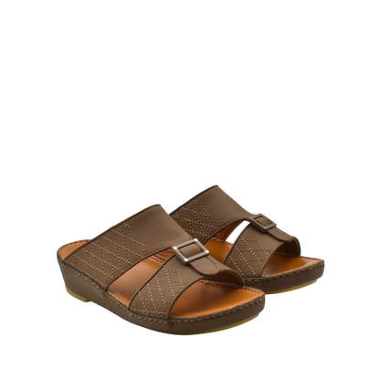 Brown luxury calf leather sandals with stitched detailing and buckle straps from private collection