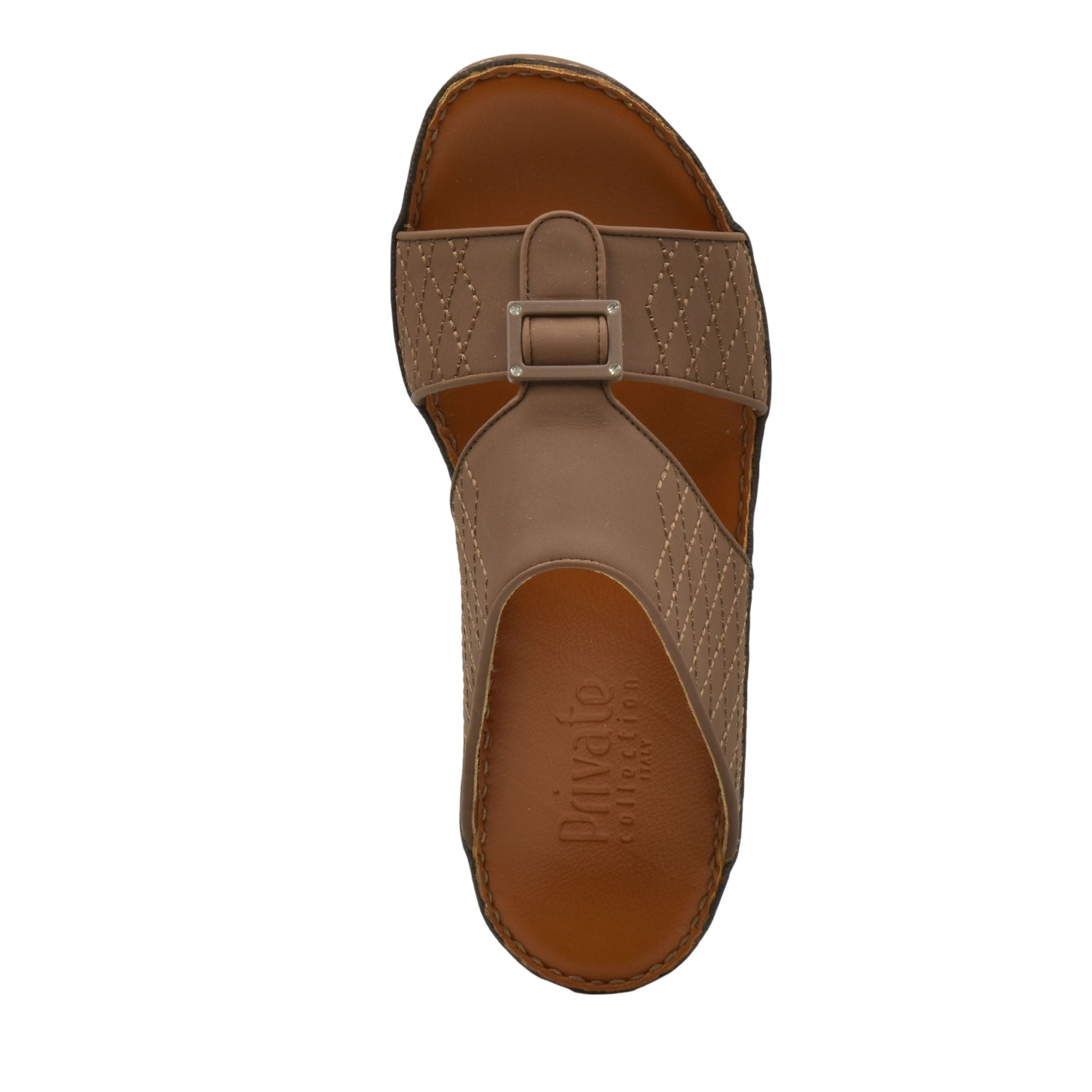 Top view of luxury calf leather sandals in brown with stitched detailing and buckle strap